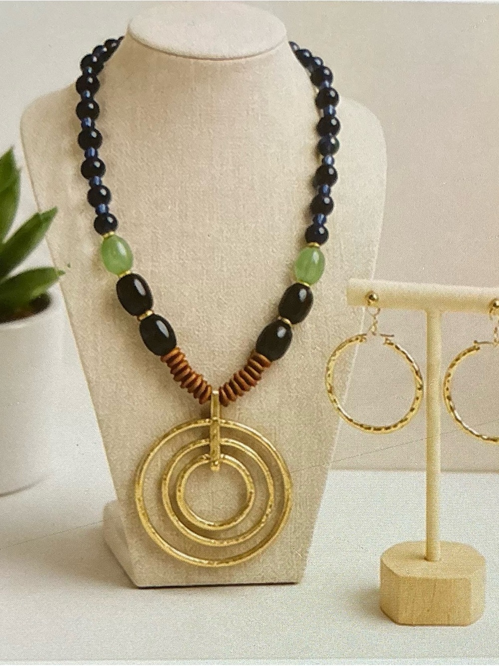 Gold Triple-Ring Pendant Necklace with Black, Green & Brown Beads